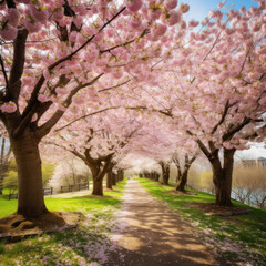 Enjoy the beauty of spring with this stunning image of cherry blossom trees by a river - created with Generative AI