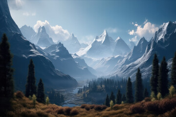 Obraz premium Majestic mountain range with snow-capped peaks, standing tall against a serene sky, encapsulating nature's grandeur. -created with generative AI