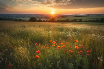 Majestic sunset casting a golden glow over rolling countryside and fields of green, epitomizing serene rural beauty.  - obrazy, fototapety, plakaty