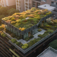 Aerial view of a modern building with a green roof garden - created with generative AI