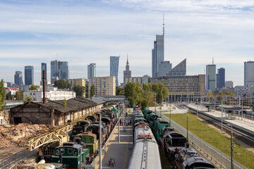 The panorama of Warsaw seen from the Warszawa Głowna train station in Ochota Distritct - obrazy, fototapety, plakaty
