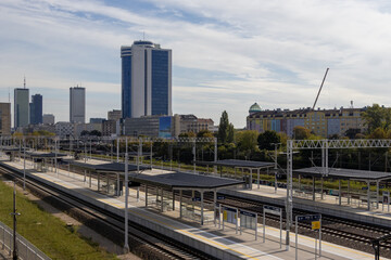 The panorama of Warsaw seen from the Warszawa Głowna train station in Ochota Distritct - obrazy, fototapety, plakaty