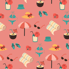 Vector seamless pattern with zummer accessories cocktail, sunglasses, panama hat, swimwear, slippers, umbrella.