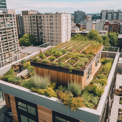 Close-up of a lush rooftop garden, showcasing urban sustainability and green architectural innovation. -created with generative AI