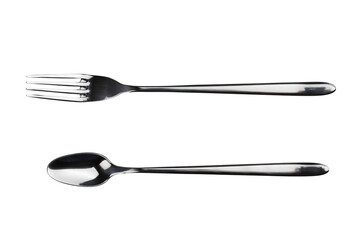 dessert spoon and fork made of stainless steel, isolated on a transparent background