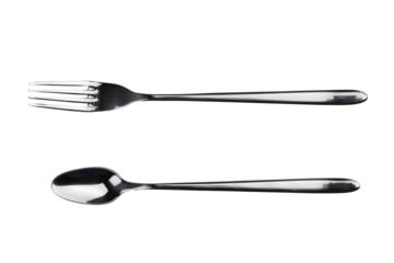 dessert spoon and fork made of stainless steel, isolated on a transparent background
