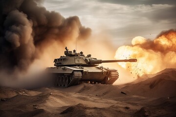 Fototapeta na wymiar Armored tank advances fearlessly through perilous minefield amidst war invasion, with backdrop of blazing fire, swirling smoke, and desolate desert. generative ai