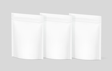 Stand up pouches mockups with ziplock mockup isolated on white background. Vector illustration. Half side view. Great way to presentation your products. EPS10