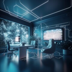 Modern space office interior blurred with information technology. generative ai