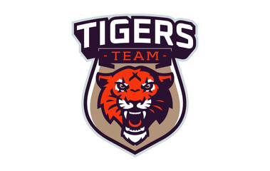 Sports logo with tiger mascot. Colorful sport emblem with tiger mascot and bold font on shield background. Logo for esport team, athletic club, college team. Isolated vector illustration