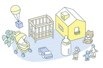 Environment for raising children, including strollers, cribs, and bottles.