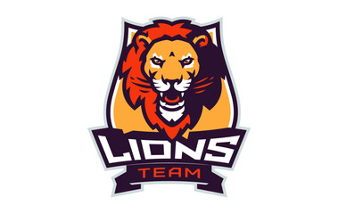 Sports logo with lion mascot. Colorful sport emblem with lion, leo mascot and bold font on shield background. Logo for esport team, athletic club, college team. Isolated vector illustration