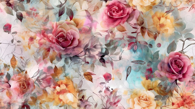 Boho roses watercolor art and soft vibrant colors with light background, tile. Generative AI