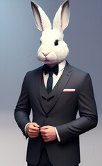 A rabbit in a black suit with a white shirt