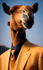 A Camel in a light brown suit with a dark blue shirt