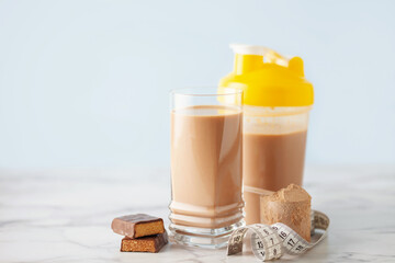 Protein sport shake and workout equipment. Fitness food and drink.