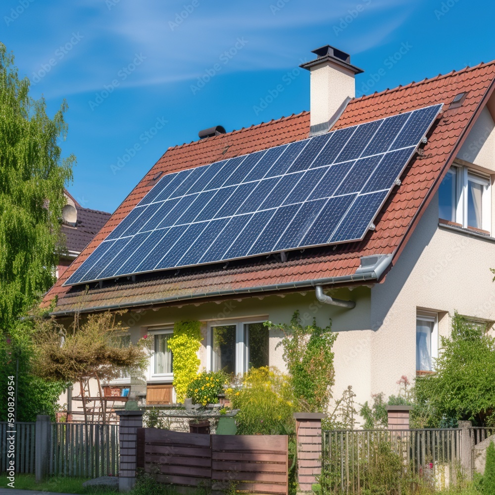 Wall mural solar panels on roof. ecology and save world generative ai