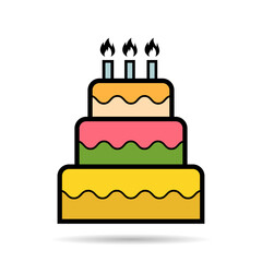 Sweet cake icon shadow, bakery dessert food symbol, happy birthday day graphic vector illustration