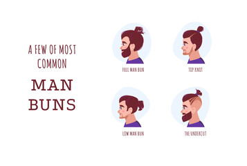 Collection of vector male head portraits -  a few of most common man buns, 4 different fashion styles of wearing hair buns. Simple portraits for web and chat or barbershop logo and decor.