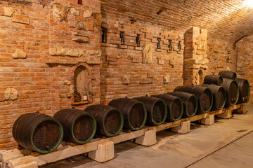 Wine cellars with barrels in Rakvice, Southern Moravia, Czech Republic