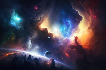 Fototapeta na wymiar colorful space scene with multiple planets and stars. Generative AI