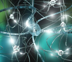 Signal in the neural network, close-up neuron in the process of work, 3d rendering