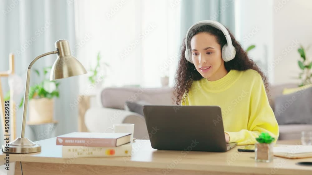 Wall mural Woman, remote work music and living room in a home with a female student listening. Headphones, desk and young person dance in a house feeling calm with a smile and hearing internet radio streaming