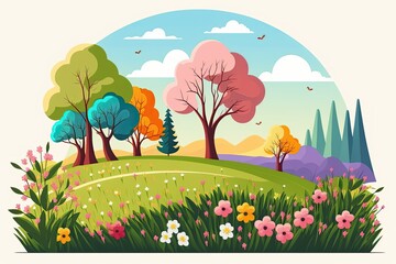 vibrant and vivid landscape filled with lush trees and blooming flowers. Generative AI