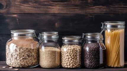 Jars of dried peans, rice. Generative AI - obrazy, fototapety, plakaty