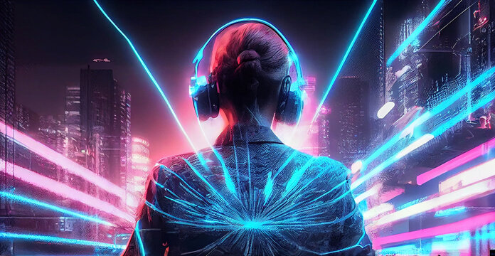 Woman DJ in cyberpunk neon style headphones with equalizer hologram. Sound beats techno musical concept background. - Powered by Adobe