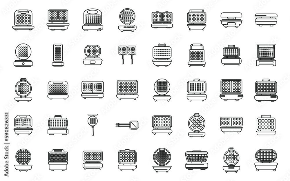 Poster waffle maker icons set outline vector. pancake baking. cook breakfast