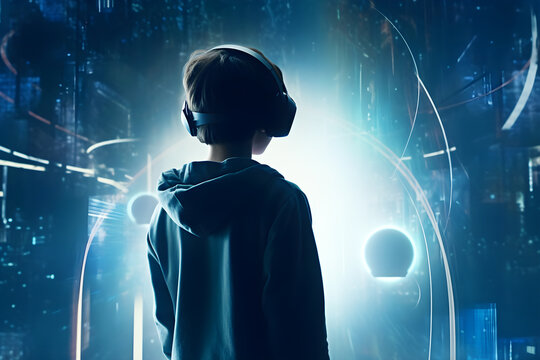 Little boy in headphones against night city background. Future and technology concept. Generative AI