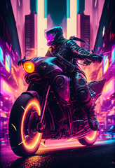 Naklejka na ściany i meble Motorbiker is riding a futuristic motorcycle on the night street concept.