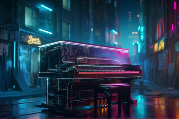 Piano standing in futuristic city street with neon lights illumination. Cyberpunk musical concept of piano in urban scene background.