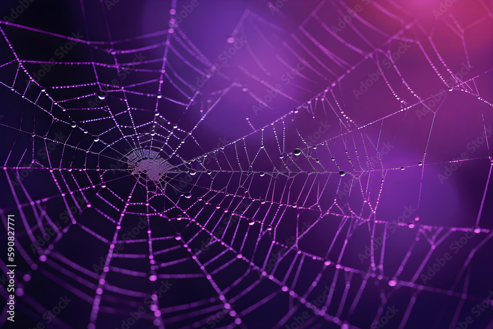 Wall mural Spider Web With Dew on Purple Background: AI Generated Image