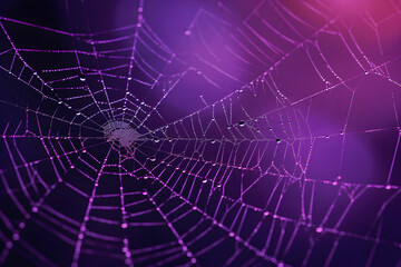 Spider Web With Dew on Purple Background: AI Generated Image