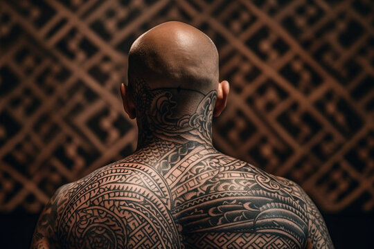 A man with a shaved head and an intricate tattoo - Generative AI