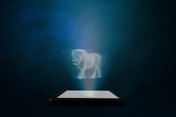 A hologram of a lion projected over a tablet with an abstract blue background. Futuristic depiction...