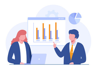 People makes a presentation of a project by showing charts on a flipchart and showing a laptop. Brainstorming. Flat vector illustration of business presentation concept.