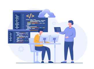 Software development. Web programming languages. css, html, it, ui. programmer cartoon character developing website, coding. flat illustration banner