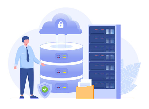 Data server concept. Storage technology, cloud system, database. Template of people scene. Vector illustration with character activities in flat design for website, folder, data center.