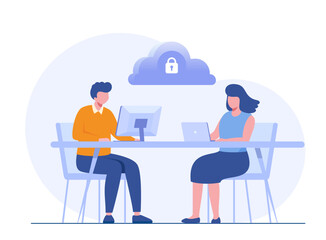 Data server concept. Storage technology, cloud system, database. Template of people scene. Vector illustration with character activities in flat design for website, folder, data center.