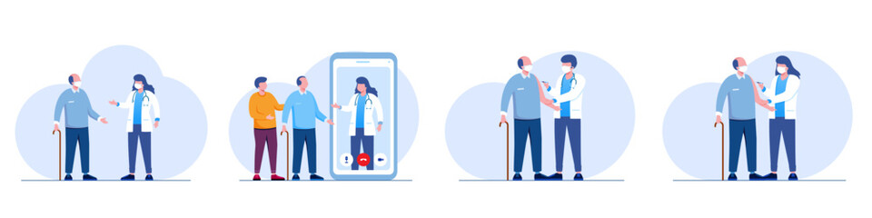 Patient and doctor, consultation concept, paramedic, healthcare, inject vaccine, flat illustration vector banner background