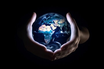 Hand holding glass globe ball with tree growing and green nature blur background. eco concept. Generative Ai