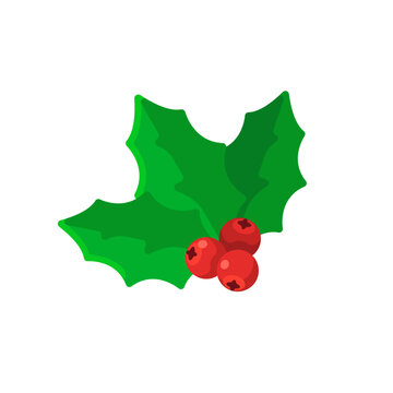 Red Christmas Holly Berries with Green Leaves Isolated Sign Flat Style Vector Illustration Symbol on White Background