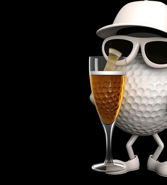 3D Golf Ball Character Drinking Beer On Black Background Generative AI