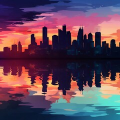 the city at sunset, in the style of vibrant palettes, captivating skylines, dark reflections, colorful cartoon, colorful, light teal and dark crimson, Created Using Generative AI.