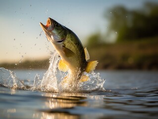 Fishing trophy - big freshwater perch in water on green background. - obrazy, fototapety, plakaty