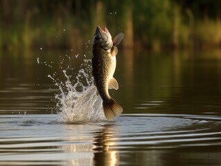 Fishing trophy, trophy freshwater pike fish jumping out of water. - obrazy, fototapety, plakaty