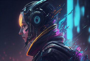 Avatar man with neon headphones listen to music. Futuristic and cyberpunk style concept.